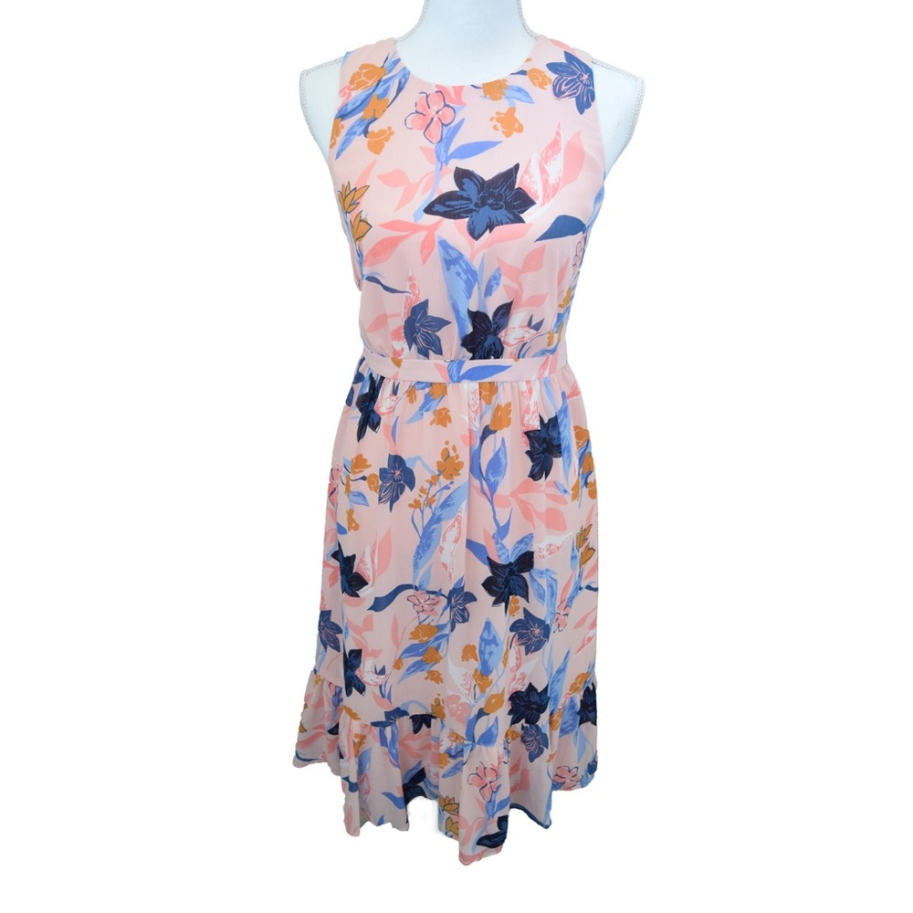 J. CREW Crinkle Tiered Midi Dress, Pink Ruffle Floral Pink Blue, Size 0